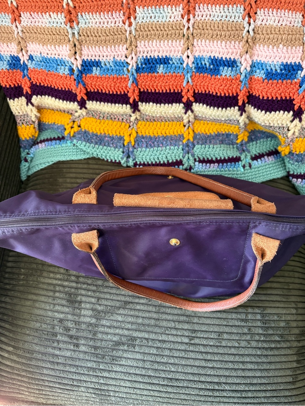Longchamp Nylon Tote Bag in Deep Purple with Brown Trim - Picture 7 of 8